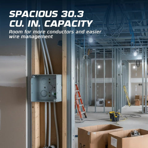 Heavy Duty 4 By 4 Welded Metal Electrical Junction Box Ten Pack With Two And One Eighth Inch Depth Thirty Point Three Cu In Capacity Sixteen Knockouts Including Ten Half Inch And Six Three Quarter Inch Grounded Galvanized Steel Utility Box Enclosure installed in construction site wall.