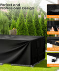Beefy 420D Heavy Duty Outdoor Patio Furniture Cover Waterproof Universal Fit For 90 Inch Long By 64 Inch Wide By 28 Inch High Tables Chairs Sofas Benches All Weather Protection Black covering a patio table with highlighted features