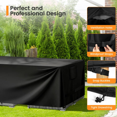 Beefy 420D Heavy Duty Outdoor Patio Furniture Cover Waterproof Universal Fit For 90 Inch Long By 64 Inch Wide By 28 Inch High Tables Chairs Sofas Benches All Weather Protection Black covering a patio table with highlighted features