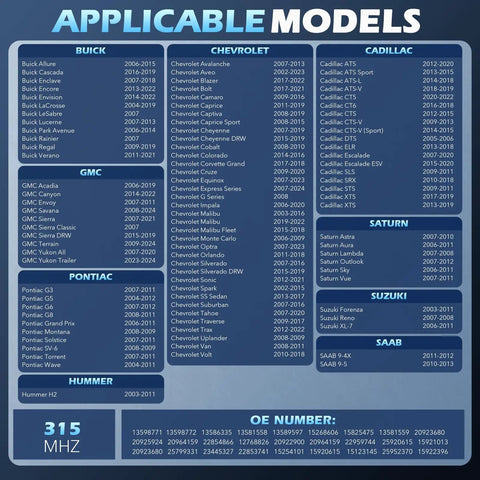 Applicable models list for Preprogrammed 315MHz TPMS Tire Pressure Monitor Sensor Fits GM Cars by brand and year.