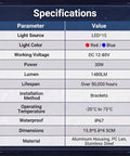 Specifications chart for Heavy Duty Forklift Red Zone Laser Safety Projector with LED, showcasing power, dimensions, and IP67 waterproof material.