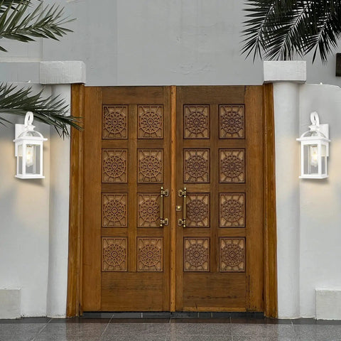 Outdoor Wall Sconce Lighting Set With Seeded Glass Weatherproof Exterior Fixtures Rustproof Aluminum Mounts 2 Pack White on door