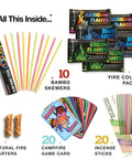 Ultimate Campfire Fun Kit With Color Changing Flame Packs Glow Sticks And Fire Starters Includes 20 Game Cards Bamboo Sticks