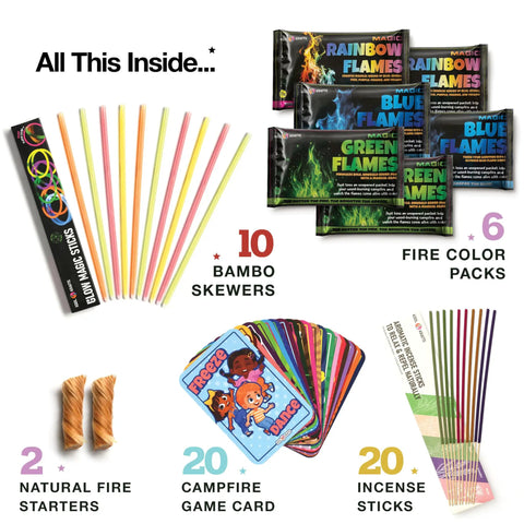 Ultimate Campfire Fun Kit With Color Changing Flame Packs Glow Sticks And Fire Starters Includes 20 Game Cards Bamboo Sticks