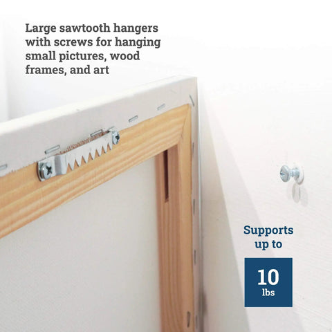 Close-up of mounted sawtooth picture hanger with screw supporting up to 10 lbs, part of Pack Of 100 Sawtooth Picture Hangers For Frames With Screws Heavy Duty Frame Hanging Hardware That Supports Up To 10 Lbs Canvas Wall Hangers For Artwork And Photos Easy Mount Pro Grade