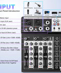 4 Channel Karaoke DJ Mixer With Bluetooth USB Audio Interface 16 Bit DSP Effects Plus 48V Phantom Power inputs and controls