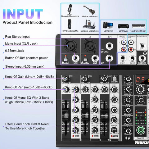 4 Channel Karaoke DJ Mixer With Bluetooth USB Audio Interface 16 Bit DSP Effects Plus 48V Phantom Power inputs and controls