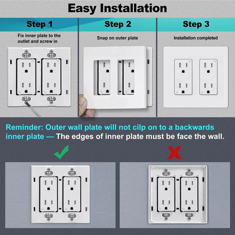 Installation steps for Screwless Decorator Wall Plate 2 Gang Outlet Covers Four Pack White Standard Size 4.68 by 4.72 Inches.