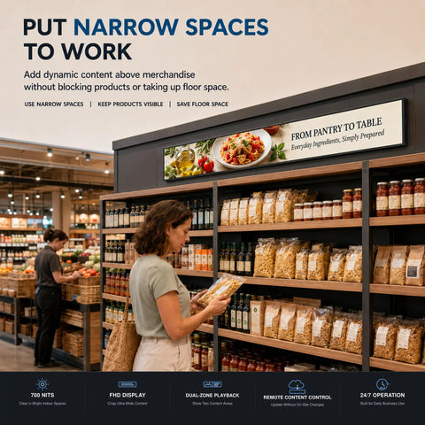 Huge 43 Inch Ultra Wide Digital Signage Display For Retail Shelves Flawlessly Combines Killer Clarity With Hella Bright 700 Nit Output And Dead Simple Plug And Play Shelf Setup For Your Store, showcasing products above retail shelves.