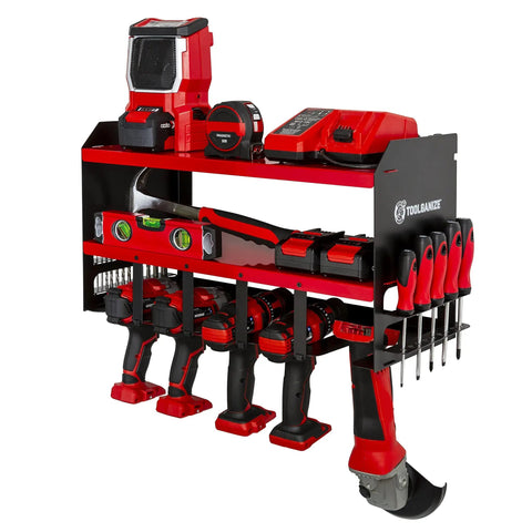 Heavy Duty Wall Mounted Power Tool Organizer with Drill Holder, Garage Storage Rack, 2 Shelves, 5 Drill Slots, Holds 14 Jobber Bits, Red