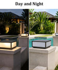 Hella Stylish Modern 15.75 Inch Flat Surface Pillar Lights For Outdoor Porch Deck Post casting glow by poolside in day and night.