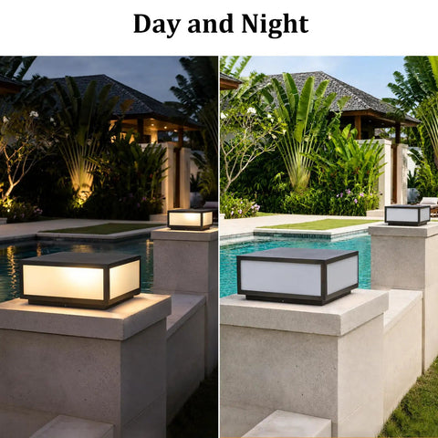 Hella Stylish Modern 15.75 Inch Flat Surface Pillar Lights For Outdoor Porch Deck Post casting glow by poolside in day and night.