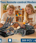 Children playing with 5-In-1 RC Tank Robot Building Set With 389 Pieces Transformable WW2 Military Vehicle Kit, remote control