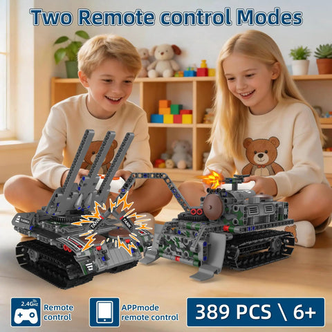Children playing with 5-In-1 RC Tank Robot Building Set With 389 Pieces Transformable WW2 Military Vehicle Kit, remote control