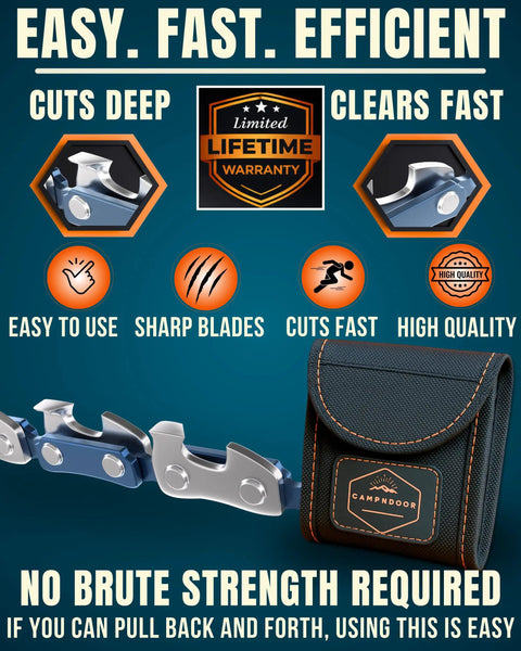 Pocket Chainsaw With Paracord Handles For Camping And Survival 65Mn Steel 48 Tooth Saw with compact carry case displayed