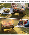 Charcoal Folding Portable Grill With Carry Bag For Outdoor Cooking Campfire On The Go Backyard Patio Adventures Perfect For Camping Trips Backpacking Parties And Weekend Get Togethers, showing grill and fire pit in use