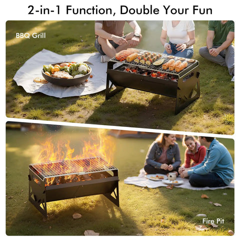 Charcoal Folding Portable Grill With Carry Bag For Outdoor Cooking Campfire On The Go Backyard Patio Adventures Perfect For Camping Trips Backpacking Parties And Weekend Get Togethers, showing grill and fire pit in use