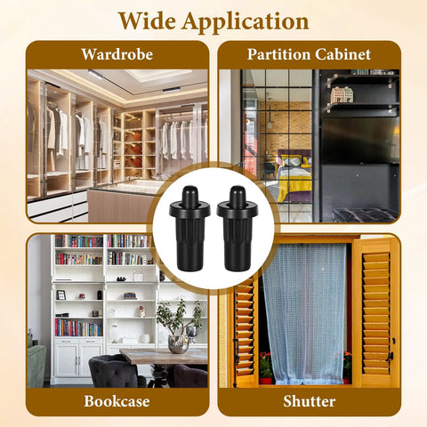 20 Piece Set Of Black Spring Loaded Cabinet Damper Pins Straight Action Hinge Rods For Door Repairs And Floating Shelves Sturdy Grip Hardware No Sweat Fix shown in various applications including wardrobe and bookcase.
