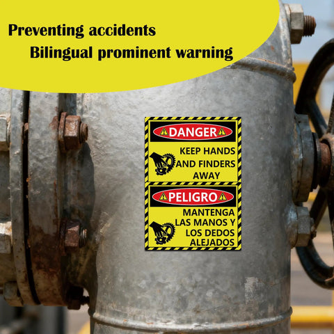 Bilingual Danger Pinch Point Watch Your Hands Sticker Set With Hands And Fingers Away Warnings on metal machinery