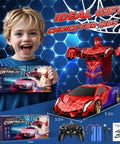 Boy holding Transforming RC Car Toy With Eye Lights And Underbody Lights 2 4Ghz Remote One Button Deformation package