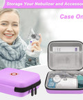 Front view of purple hard-shell carrying case for portable nebulizer with accessories