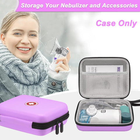 Front view of purple hard-shell carrying case for portable nebulizer with accessories