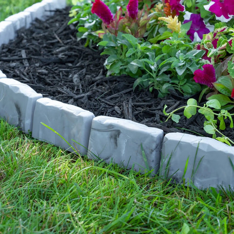 No-Dig Landscape Edging Kit With Anchoring Spikes Stone-Look Garden Border 15 Foot Set 2.7 Inch Tall Slate Gray Easy DIY Install