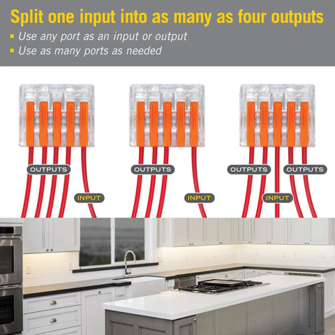 Five Port Lever Wire Connector Six Pack High Capacity Quick Connect Terminal For Led Strip And Under Cabinet Lighting in use under kitchen cabinets.