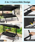 Three Person Outdoor Porch Swing With 2 In 1 Convertible Design From Chair To Lounger For Chill Sessions, Adjustable Canopy, Removable Cushions, Metal Frame With Side Pockets For Backyard Garden Porch Black featuring convertible swing and bed modes in garden setting