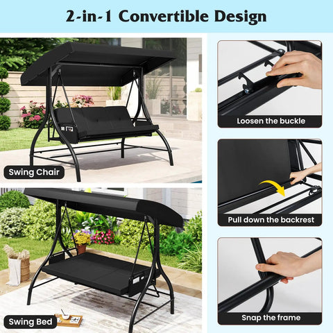 Three Person Outdoor Porch Swing With 2 In 1 Convertible Design From Chair To Lounger For Chill Sessions, Adjustable Canopy, Removable Cushions, Metal Frame With Side Pockets For Backyard Garden Porch Black featuring convertible swing and bed modes in garden setting