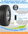 10-inch solid heavy-duty flat free tire and wheel with one-piece welded steel rim and wider design, 350 lb capacity