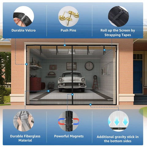 10x8 Ft Garage Door Screen With Magnetic Closure Heavy Duty Net Screen Bottom Weighted For Extra Security Four Straps Hands Free Easy Assembly Lets Fresh Air In And Keeps Bugs Out with durable materials and car inside garage.
