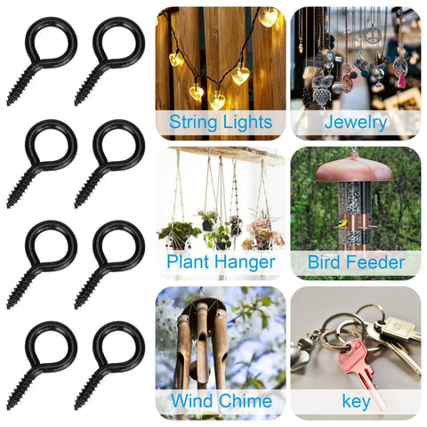 Heavy Duty Black Screw Eyes One Inch Iron Loop Hooks For Diy Crafts And Photo Display Real Deal Hanging Hardware Pack Of 150. Usage examples with string lights and plant hangers.