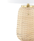 Close-up of Brass Gold And Light Brown Rattan LED Table Lamp With White Linen Shade, 25 inches tall, coastal design