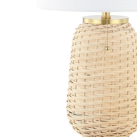 Close-up of Brass Gold And Light Brown Rattan LED Table Lamp With White Linen Shade, 25 inches tall, coastal design