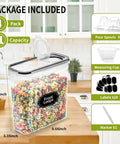 Four Pack Cereal Storage Containers With Airtight Lids And Pour Spouts, 4L Each For Easy Pantry Organization, BPA Free Plastic Dispensers, Includes Measuring Cup, 20 Labels, And Spare Spouts For Dry Goods.