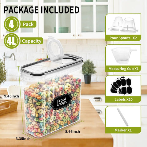 Four Pack Cereal Storage Containers With Airtight Lids And Pour Spouts, 4L Each For Easy Pantry Organization, BPA Free Plastic Dispensers, Includes Measuring Cup, 20 Labels, And Spare Spouts For Dry Goods.