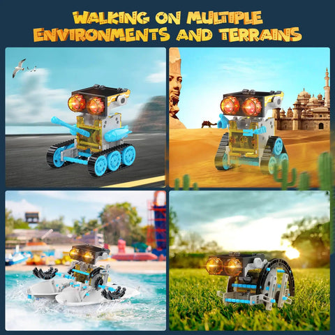 Multiple terrain robots from 30 in 1 Solar Robot Kit for Kids with 243 Pieces STEM Building Set Hands On Science and Engineering Toy.