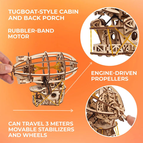 Steampunk Airship 3D Wooden Puzzle for Adults With Start Stop Switch, detailed zeppelin model with engine-driven propellers.