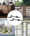 Badass Heavy Duty Two Inch Swivel Eye Latch Set Of 8 showcasing uses on garden gates and windows with rust proof black mounts.