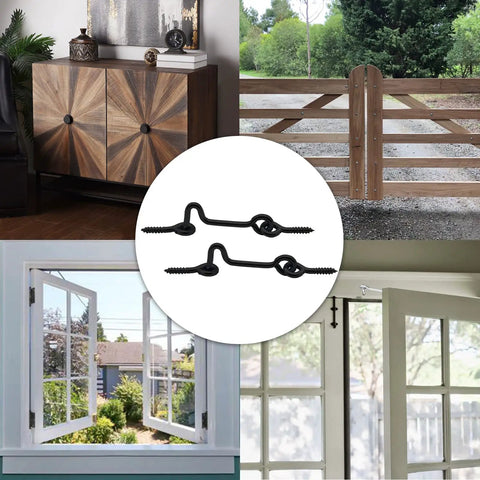 Badass Heavy Duty Two Inch Swivel Eye Latch Set Of 8 showcasing uses on garden gates and windows with rust proof black mounts.