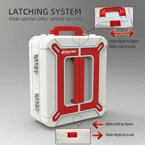 Front view of a large white plastic wall-mounted first aid kit with red latch and handle