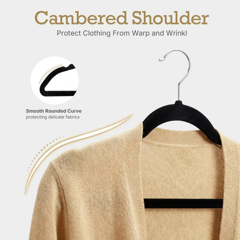 Black Velvet Non Slip Hangers 60 Pack Heavy Duty Clothes Hangers With Premium Slim Design For Coats Suits Jeans And More Space Saving Closet Organizer 360 Degree Rotating Silver Hook with cambered shoulder design to prevent wrinkles.
