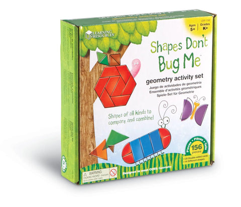 Shapes Dont Bug Me Geometry Activity Set With 136 Pieces For Kids Ages 5 and Up packaging box with colorful shapes.