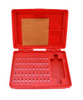Open red case showing Pin Gage Set For Pros 50 Piece Steel Gauge Kit For Carpentry And Home Improvement 0.011 To 0.060 Inches Heat Treated Bearing Steel Precision Tolerances Comes With Durable Storage Case.