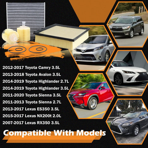 All In One Engine Air Filter Oil Filter And Cabin Air Filter Kit Fits 2012 2017 Toyota Camry Non Hybrid 2013 2018 Avalon 2011 2020 Sienna 2014 2019 Highlander And Lexus with images of compatible car models
