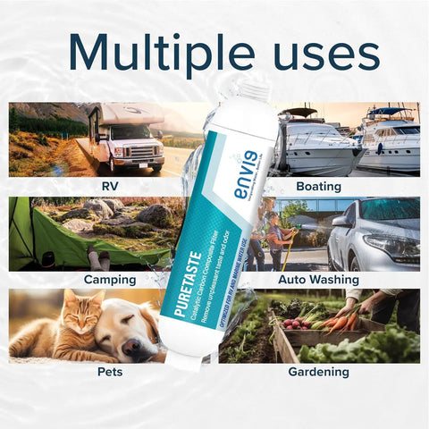 Heavy Duty Catalytic Carbon KDF Inline RV Water Filter Hits Chloramine And Swamp Gas Where It Hurts Tough As Nails Filtration For Rigs Boats And Campers Crisp Fresh Water Every Single Trip with multiple use visuals.