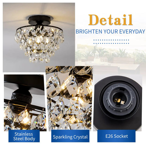 Modern Small Crystal Ceiling Light Fixture In Matte Black Semi Flush Mount Mini Chandeliers For Hallways Bedrooms Bathrooms Closets And Foyers Easy Install And Chic Glow, featuring stainless steel body, sparkling crystals, and E26 socket details.