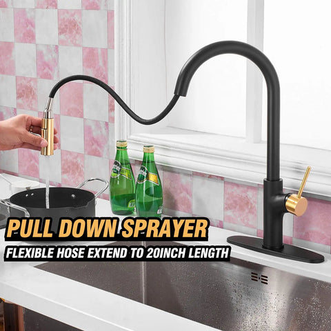 Boss Black And Gold Kitchen Faucet With Pull Down Magnetic Docking Sprayer in modern kitchen setup