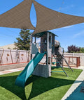 8 By 8 By 11 Foot Triangle Sun Shade Sail Canopy installed over playground in backyard, UV blocking brown shade cloth